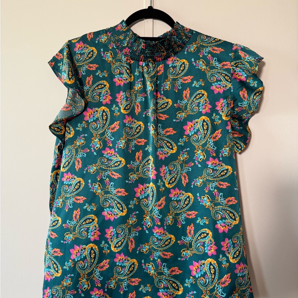Eesome Teal Paisley Blouse with Floral Accents